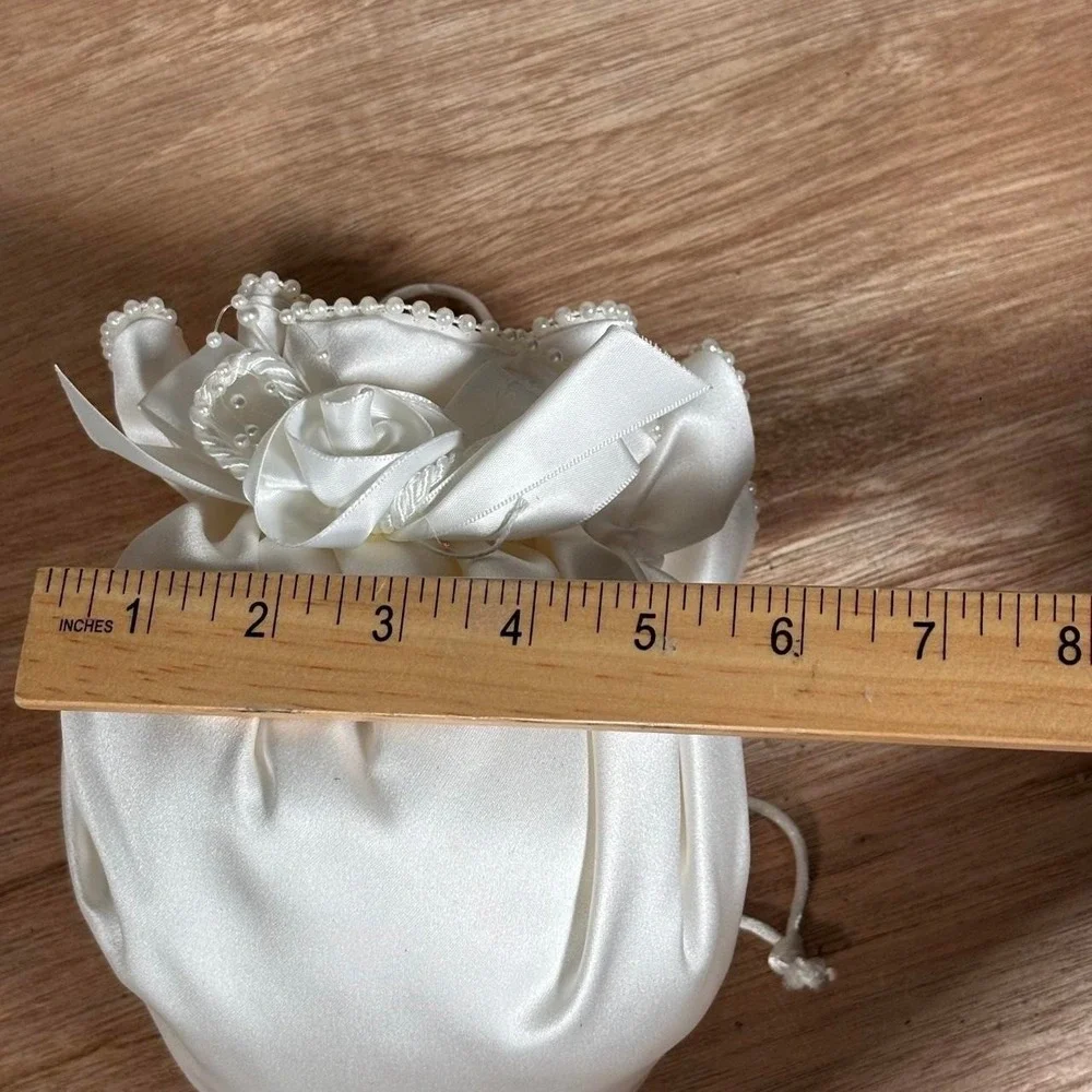 Beverly Clark Collection Tea Rose Bridal Pouch White Satin Pearl Drawstring Bag